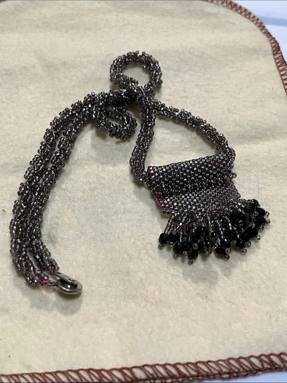 Ralph Lauren Double RL Gunmetal Beaded Fringe Necklace with Black Bead Tassels